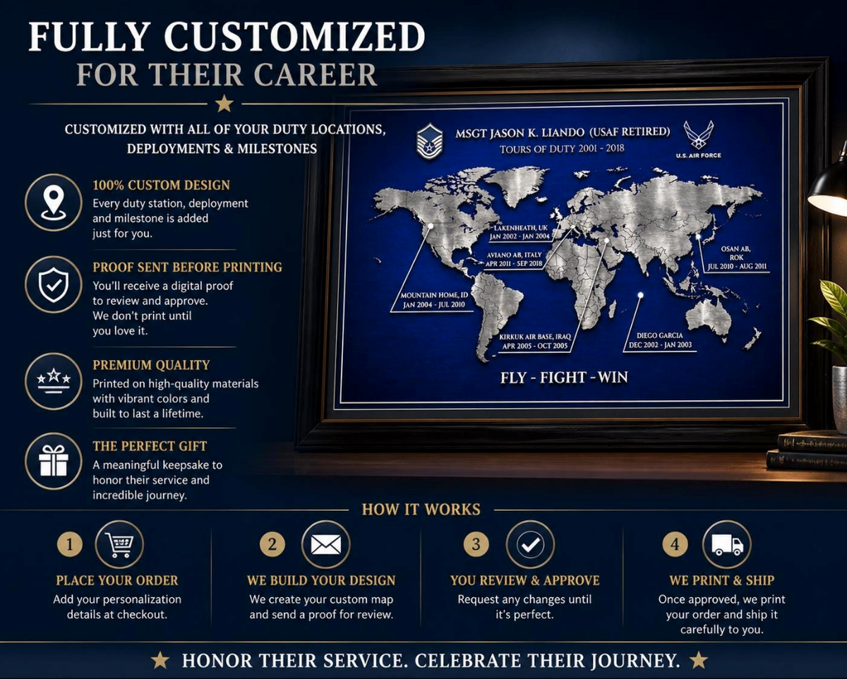 Personalized Air Force Retirement Map – Custom USAF Duty Station Tribute Print