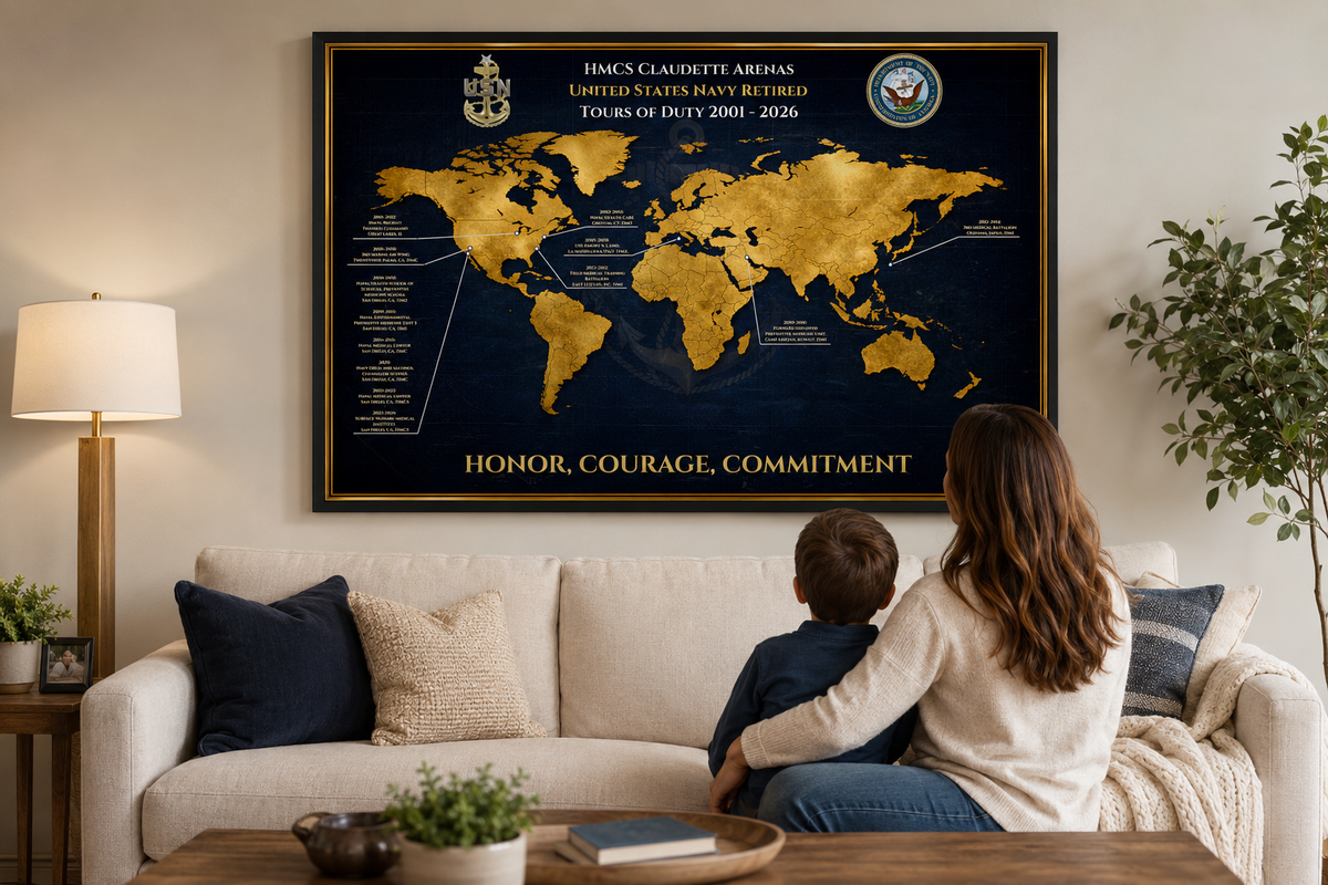 Personalized Navy Retirement Map – Custom Navy Duty Station Tribute