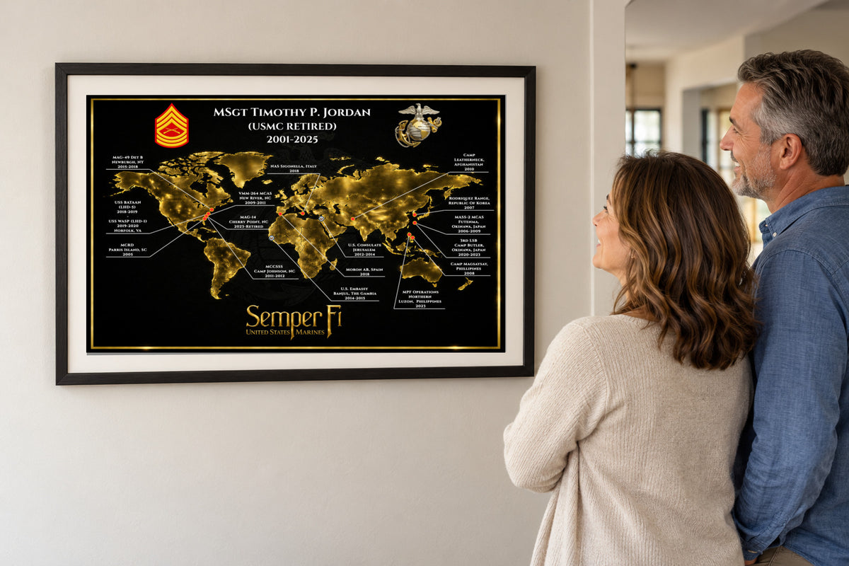 Personalized Marine Retirement Map – Custom Marine Duty Station Tribute
