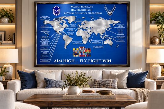 Personalized military retirement map displayed in a framed wall print.