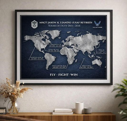 Personalized Air Force Retirement Map – Custom USAF Duty Station Tribute Print