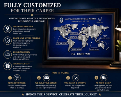 Personalized Air Force Retirement Gift – Custom Duty Station Map