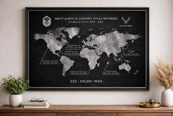 Personalized Air Force Retirement Map – Custom USAF Duty Station Tribute Print
