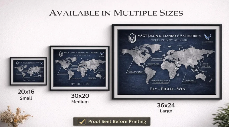 Personalized Air Force Retirement Map – Custom USAF Duty Station Tribute Print