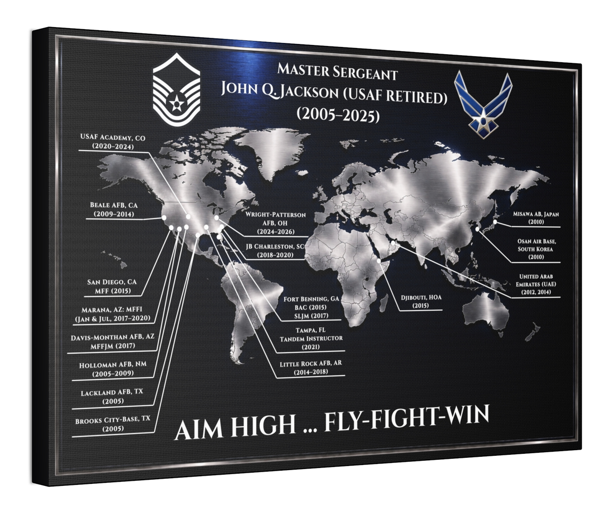 Personalized Air Force Retirement Map – Custom USAF Duty Station Tribute Print