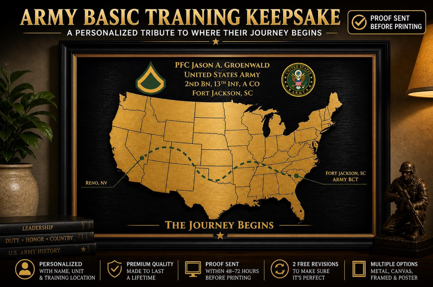 Personalized Army Basic Training Map Gift | Fort Jackson / Fort Sill / Fort Benning | Army BCT Graduation Gift | New Soldier Keepsake