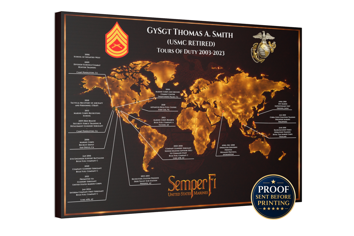 Personalized Marine Retirement Map – Custom Marine Duty Station Tribute