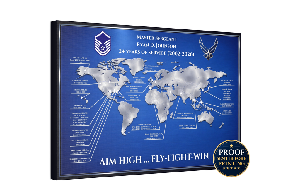 Personalized Air Force Retirement Map – Custom USAF Duty Station Tribute Print