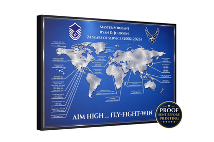 Personalized Air Force retirement gift featuring a custom USAF duty station world map