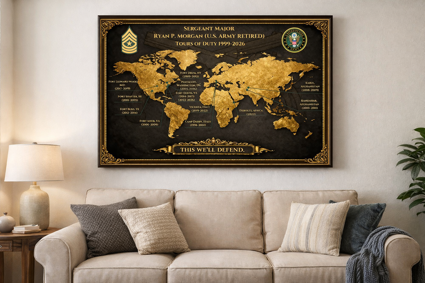 Personalized Army Retirement Map – Custom Army Duty Station Tribute