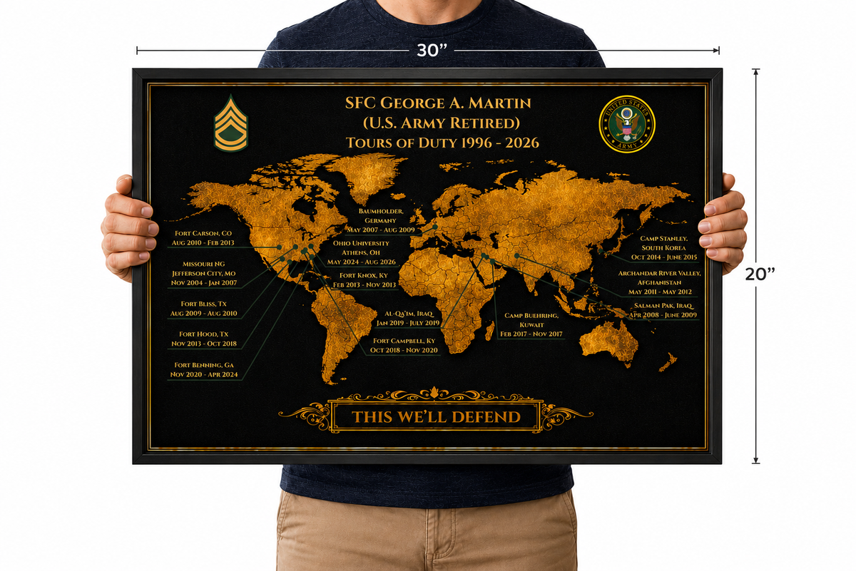 Personalized Army Retirement Map – Custom Army Duty Station Tribute