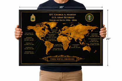 Personalized Army Retirement Gift – Custom Army Duty Station Map