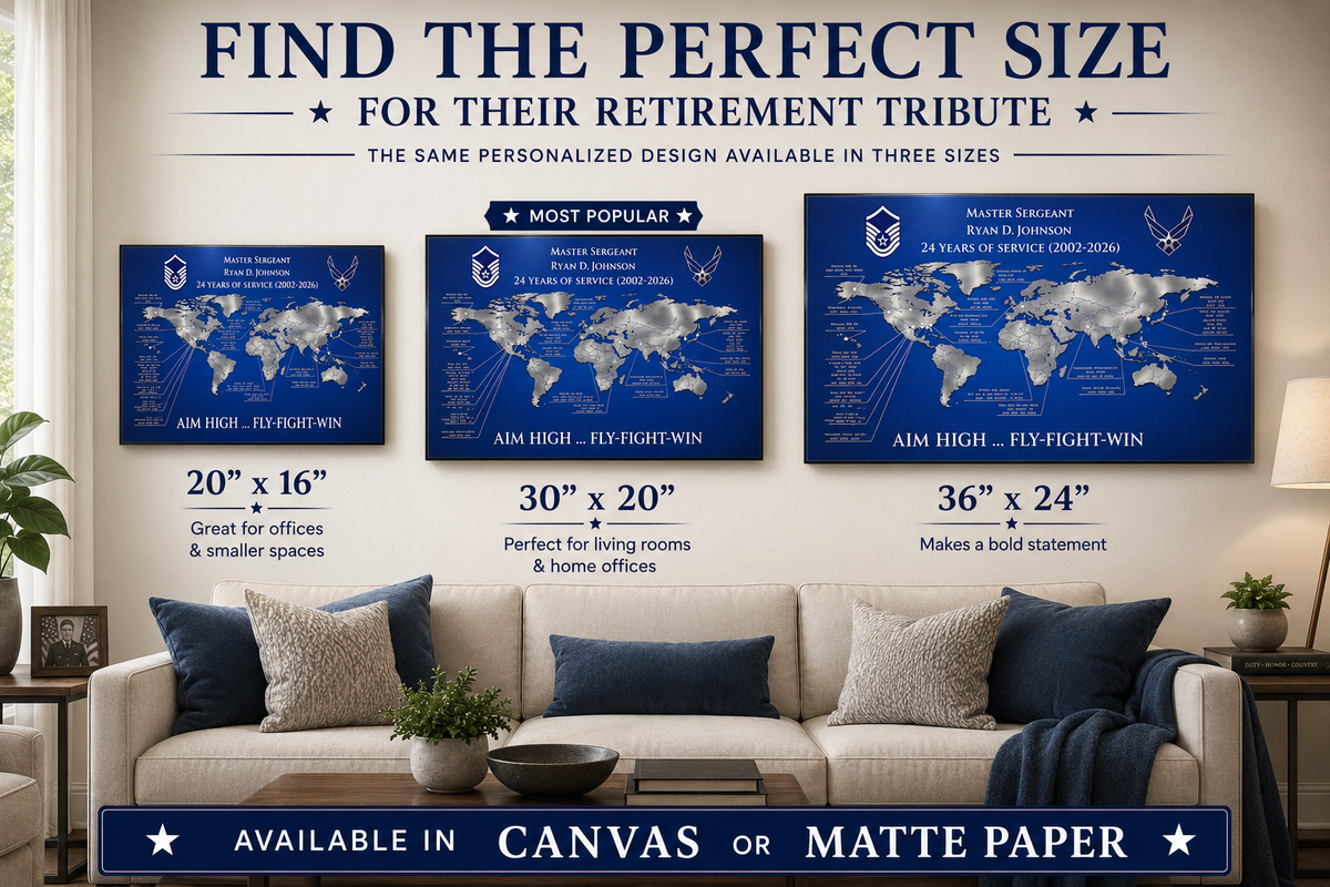 Personalized Air Force Retirement Map – Custom USAF Duty Station Tribute Print