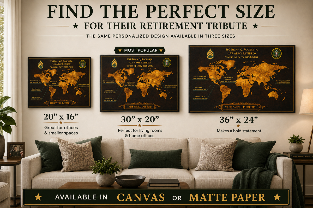 Personalized Army Retirement Map – Custom Army Duty Station Tribute