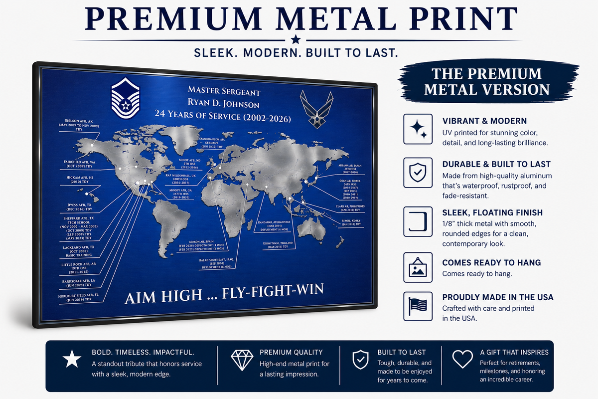 Personalized Air Force Retirement Map – Custom USAF Duty Station Tribute Print
