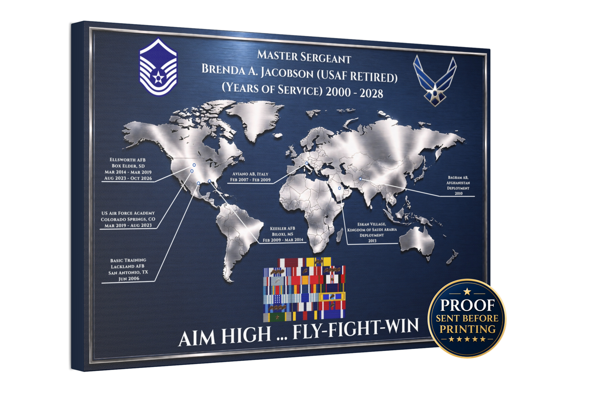 Personalized Air Force Retirement Map – Custom USAF Duty Station Tribute Print