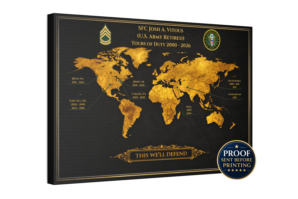 Personalized Army Retirement Map – Custom Army Duty Station Tribute