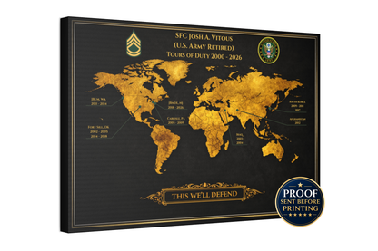 Personalized Army retirement gift featuring a custom Army duty station world map with military assignments and deployments