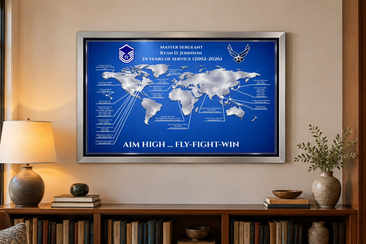 Personalized Air Force Retirement Map – Custom USAF Duty Station Tribute Print